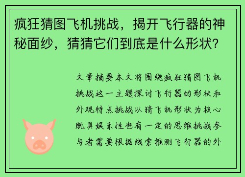 疯狂猜图飞机挑战，揭开飞行器的神秘面纱，猜猜它们到底是什么形状？
